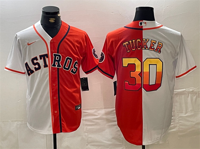 Men's Houston Astros #30 Kyle Tucker White/Orange Split With Patch Cool Base Stitched Baseball Jersey Men's Houston Astros #30 Kyle Tucker White/Orange Split With Patch Cool Base Stitched Baseball Jersey